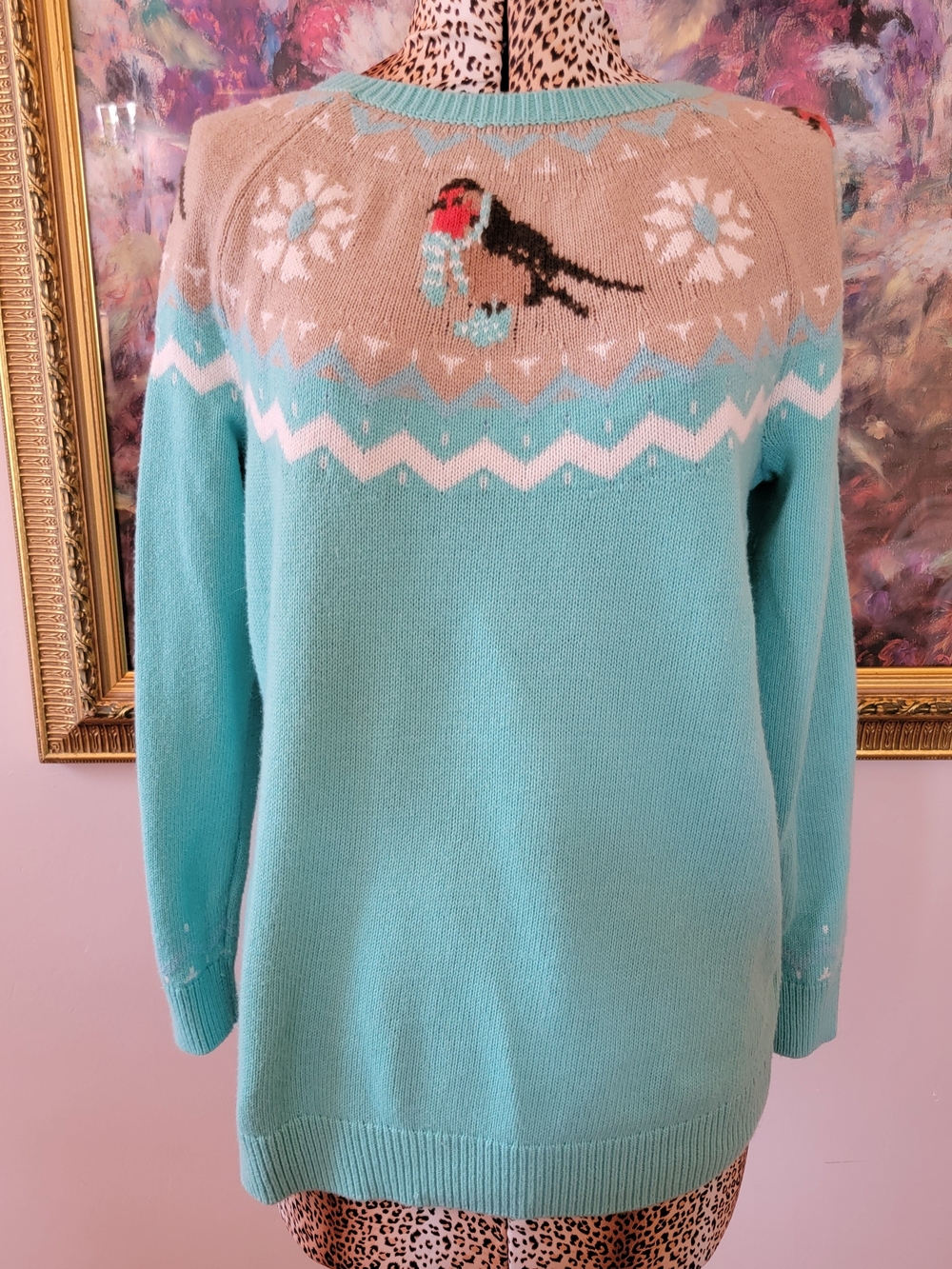 Talbots Aqua and Beige Bird Yoke Crewneck Sweater